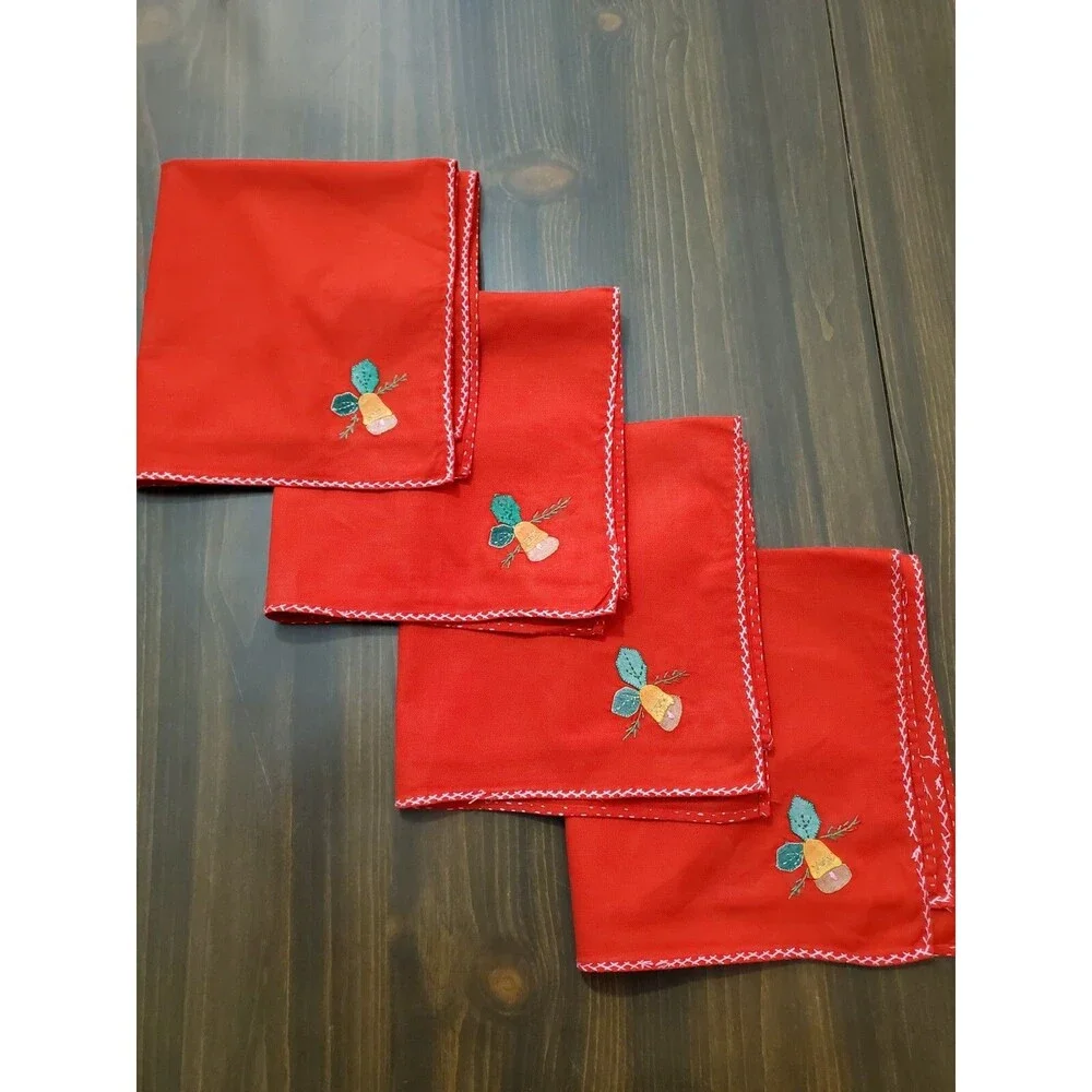 Vintage Cloth Napkins set 4 Red Holly Bell Applique Embroidered Christmas 15.5